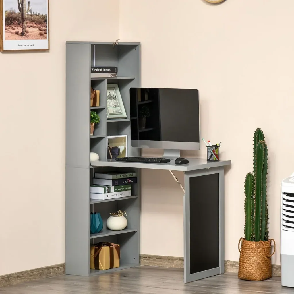 Foldable desk with 6 compartments, bookcase with 3 shelves, computer desk, office desk, E1 chipboard, metal frame, dark gray