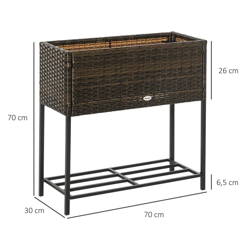Poly rattan raised bed flower box with feet flowerpot with shelf brown 70 x 30 x 72 cm