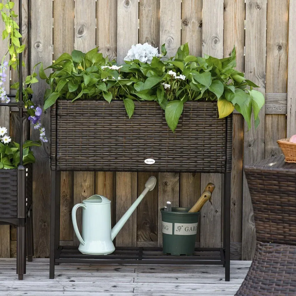 Poly rattan raised bed flower box with feet flowerpot with shelf brown 70 x 30 x 72 cm