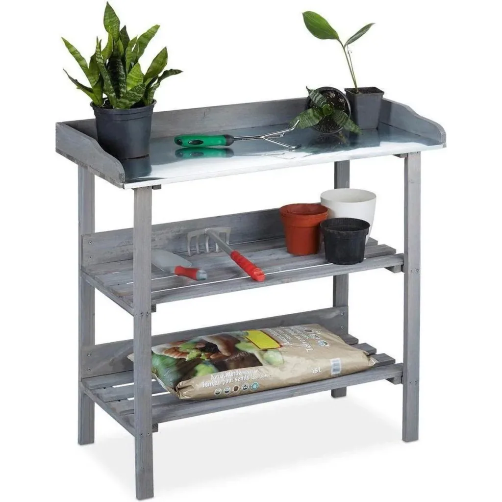 Garden planter with zinc leaf and wooden shelf - Garden table - Anthracite - 78 x 38 x 86 cm