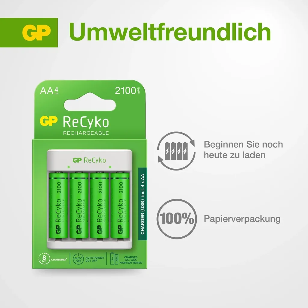 USB charger for 4 AA / AAA NiMH batteries including 4 ReCyko Mignon (AA) NiMH batteries with 2100 mAh