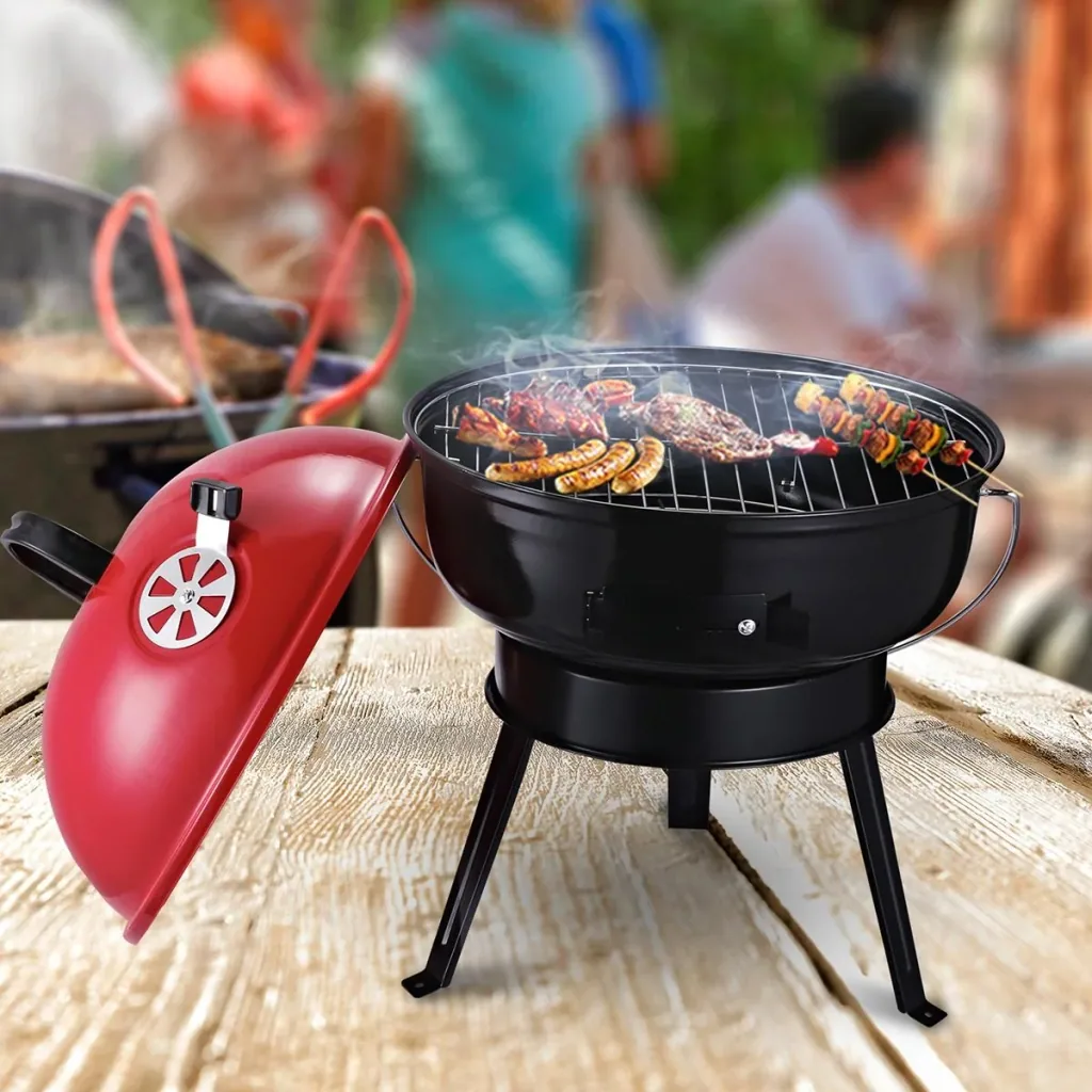 Kettle grill charcoal grill windbreak tripod base camping picnic portable metal red+black Ø36.5 x 54 cm charcoal grill