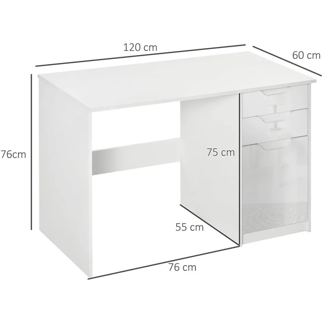Desk computer table with 2 drawers cabinet work table office table large table top high gloss white 120 x 60 x 7