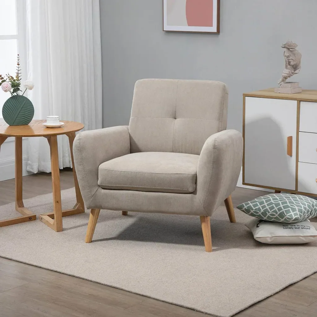 Upholstered armchair Armchair with armrests Living room chair with armrest Office chair Upholstered chair modern Linen-Touch Wood Beige 8