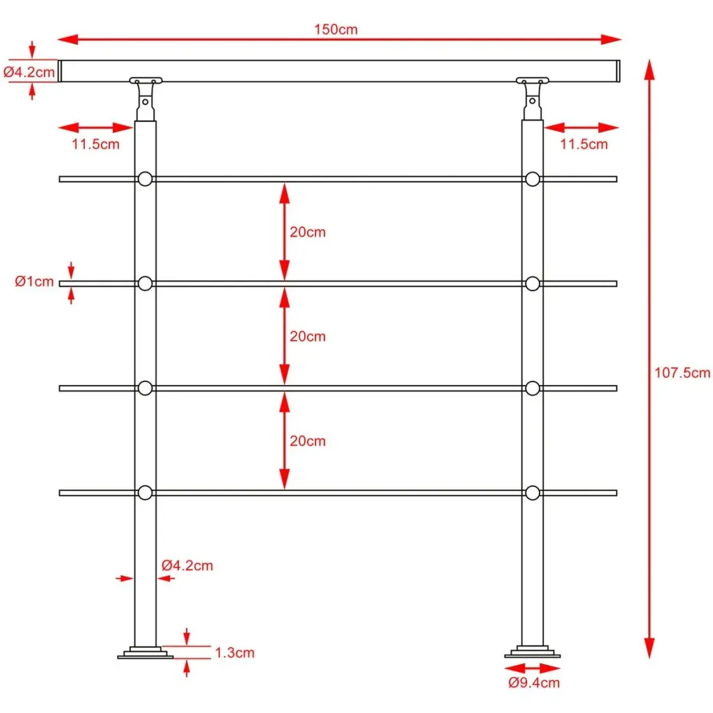 Railing - stainless steel - 150 cm - 4 posts