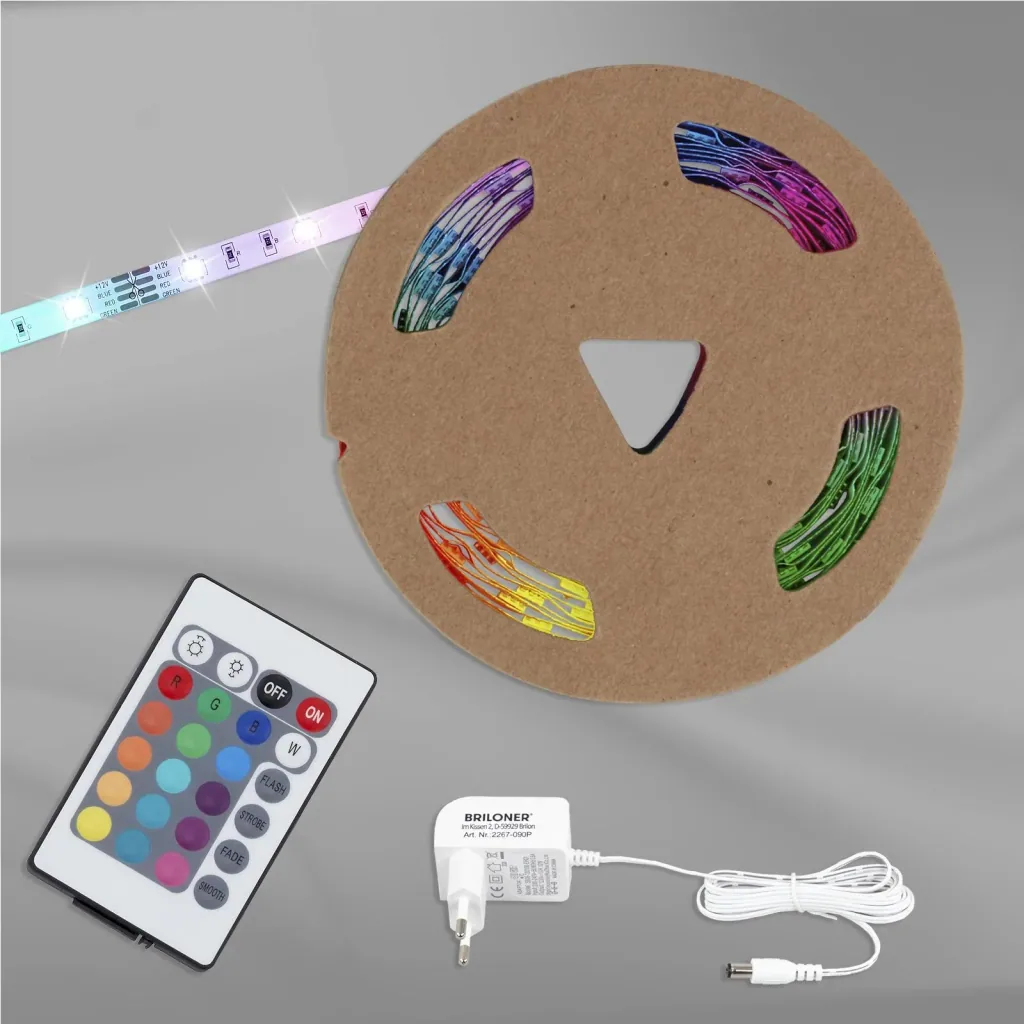 RGB LED strip, 3m, 90 RGB LEDs, 1A power supply, flexible, self-adhesive, universally shortenable