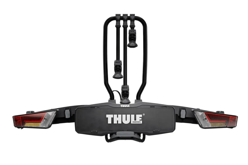 EasyFold XT 3 Black Edition bike rack for three bikes including loading ramp, storage bag and rim protection adapter