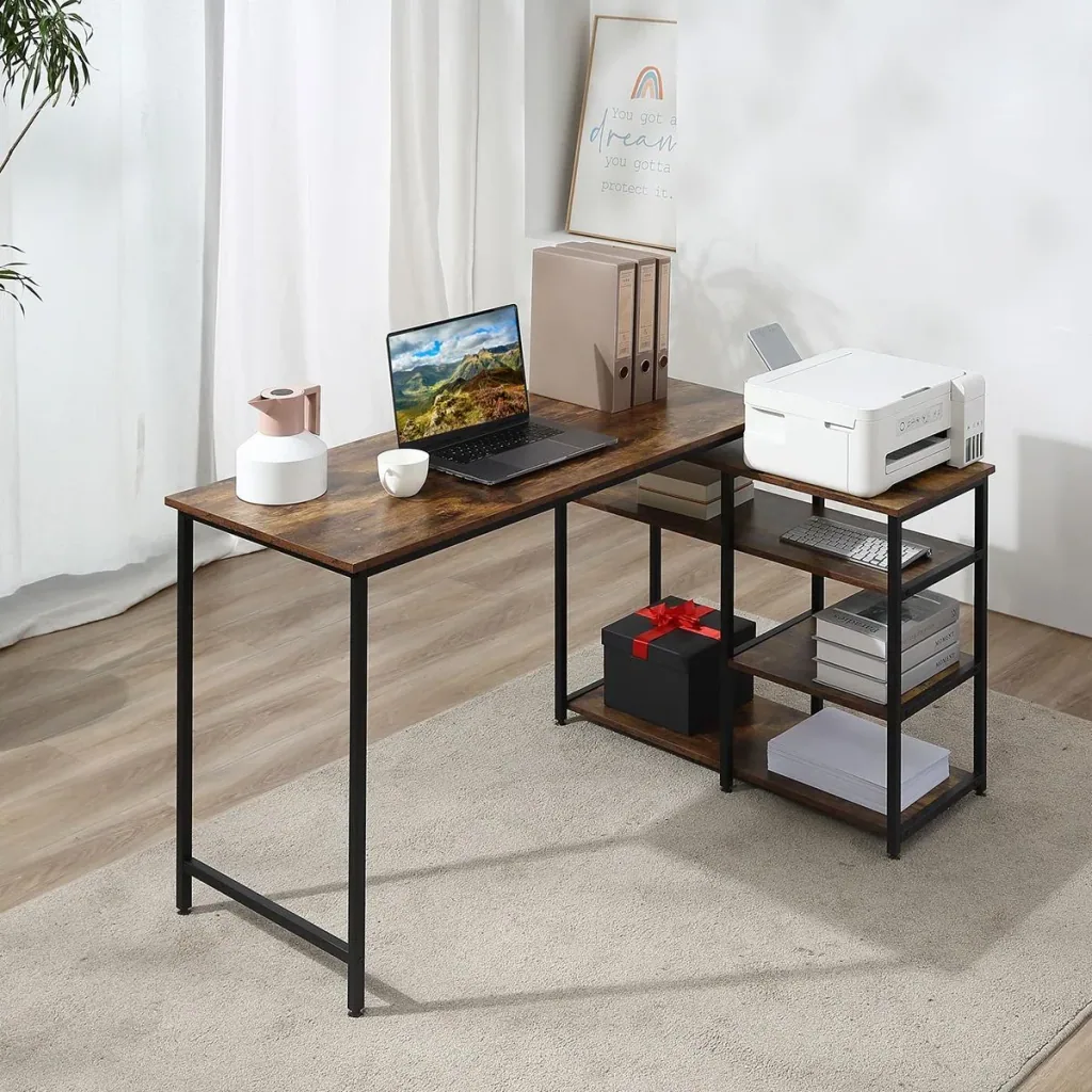 Corner desk, angle desk, PC table, computer table, office table, shelf, drawer, L-shape, chipboard, metal, rustic