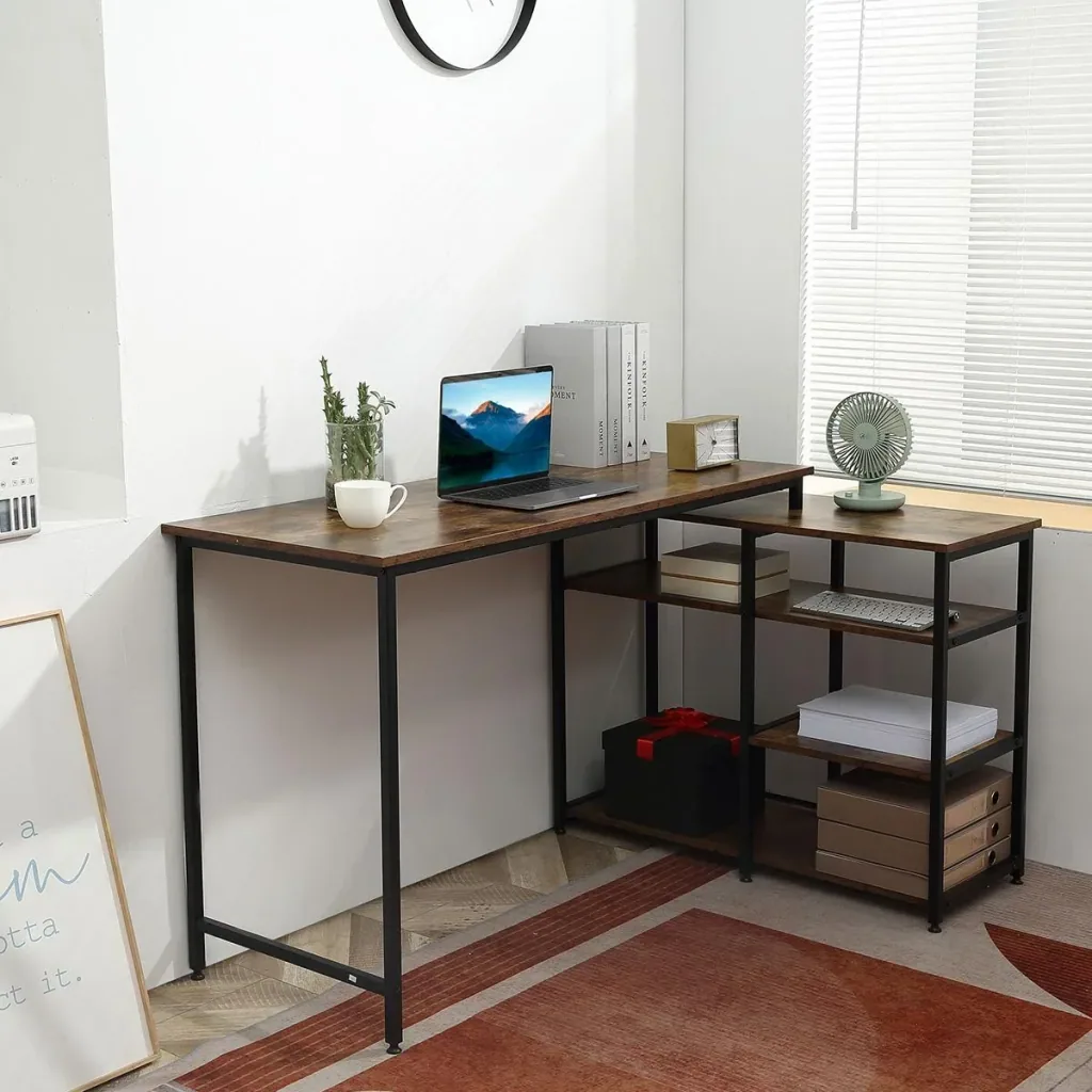Corner desk, angle desk, PC table, computer table, office table, shelf, drawer, L-shape, chipboard, metal, rustic