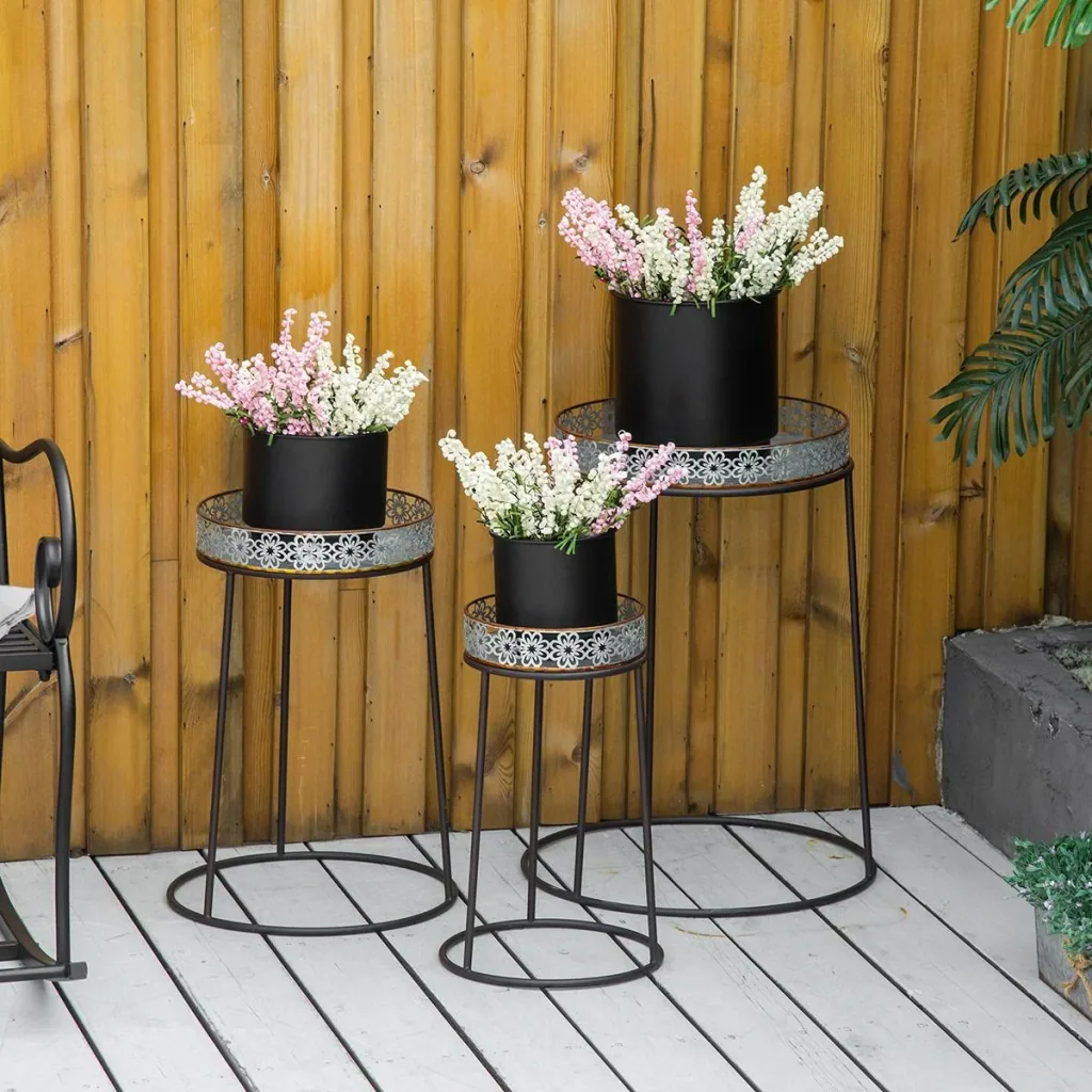 Flower stand set of 3 made of metal for flower pots, stackable, coffee and silver