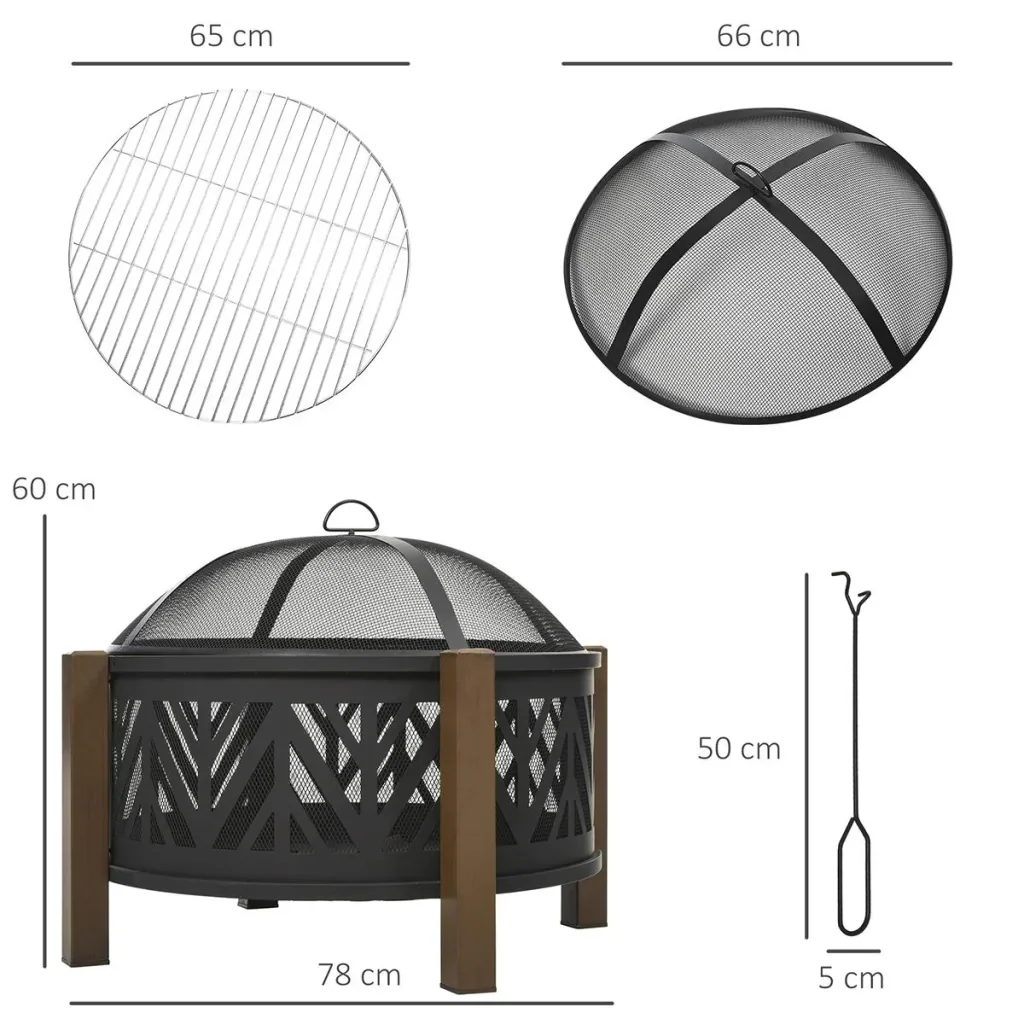 2-in-1 fire bowl fire basket fire pit with spark guard grill grate garden BBQ black+brown 78 x 60H cm