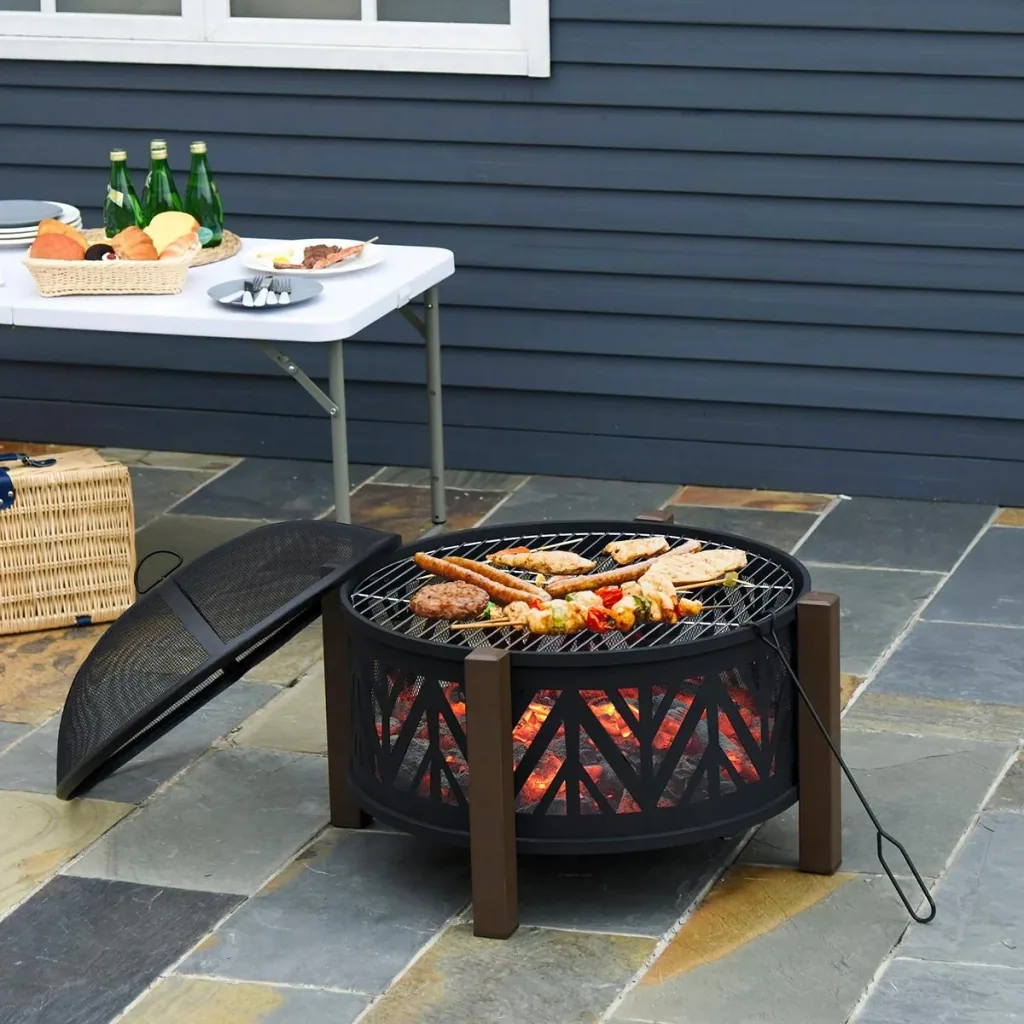 2-in-1 fire bowl fire basket fire pit with spark guard grill grate garden BBQ black+brown 78 x 60H cm