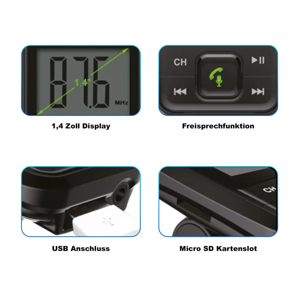 FM transmitter with Bluetooth, USB, AUX, Micro SD and hands-free function