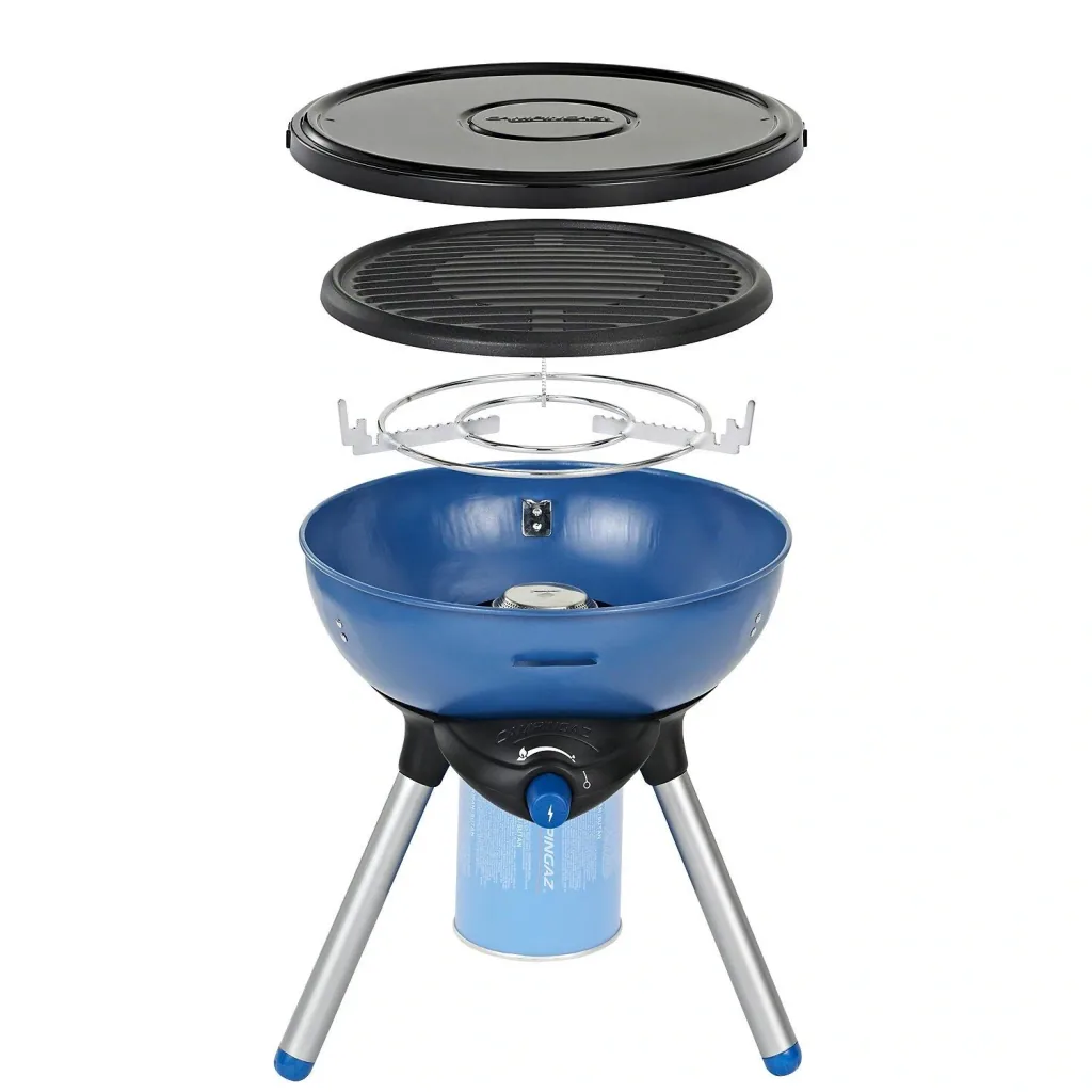 Party Grill Camping Stove 200 CV With pot holder, grill grate and transport lid, cartridge operation