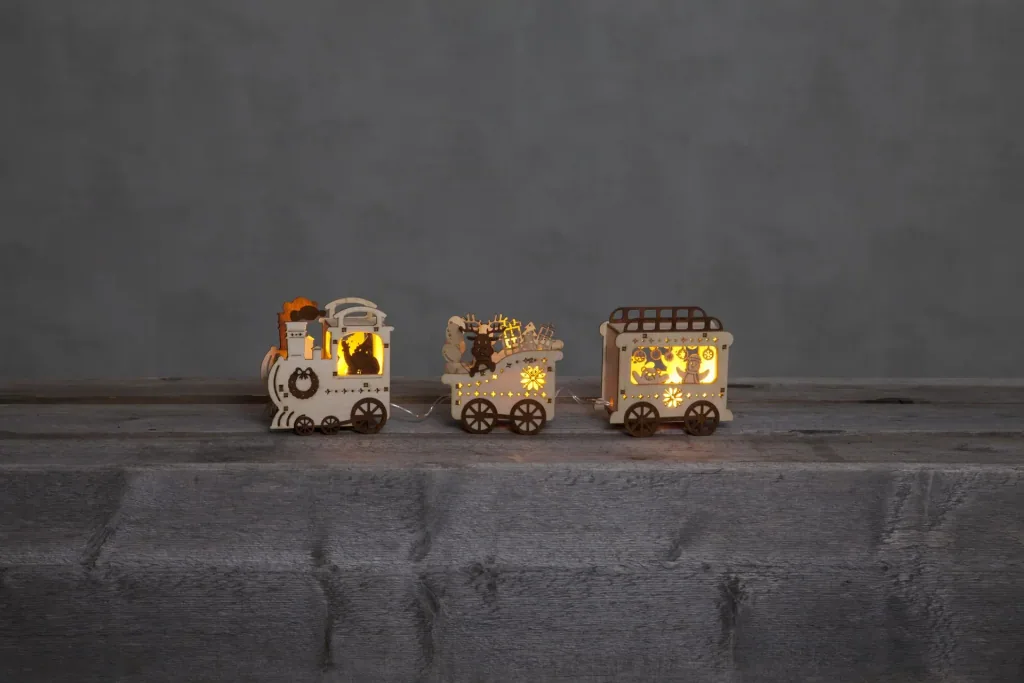 LED Christmas train with lighting, wood look