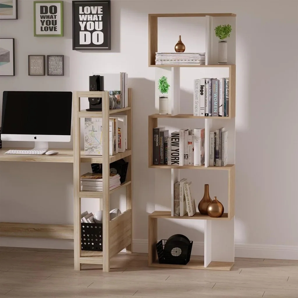Bookshelf S-shaped display shelf standing shelf 5-tier modern room divider chipboard white 60 x 24 x 184.5 cm