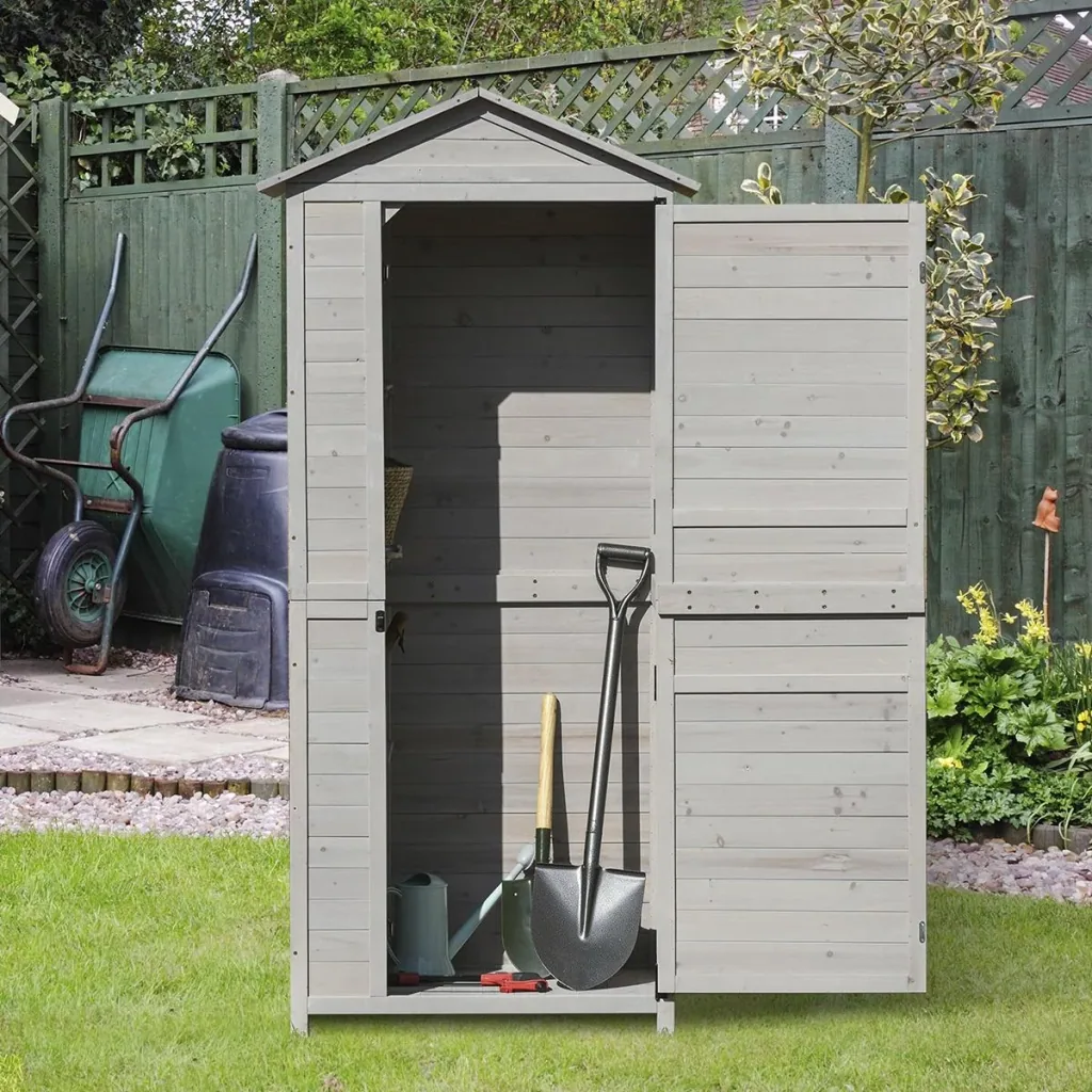 Garden cabinet wooden tool shed garden house with shelves asphalt roof light grey 90 x 63 x 200 cm