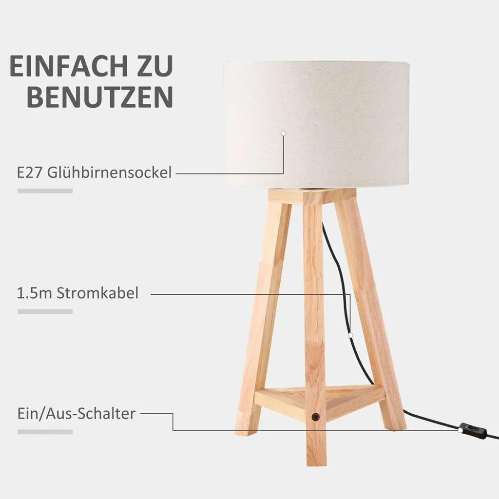 Wooden table lamp, bedside lamp, 58 cm, table lamp, E27 socket, 40 W, linen shades, wooden base, white + natural