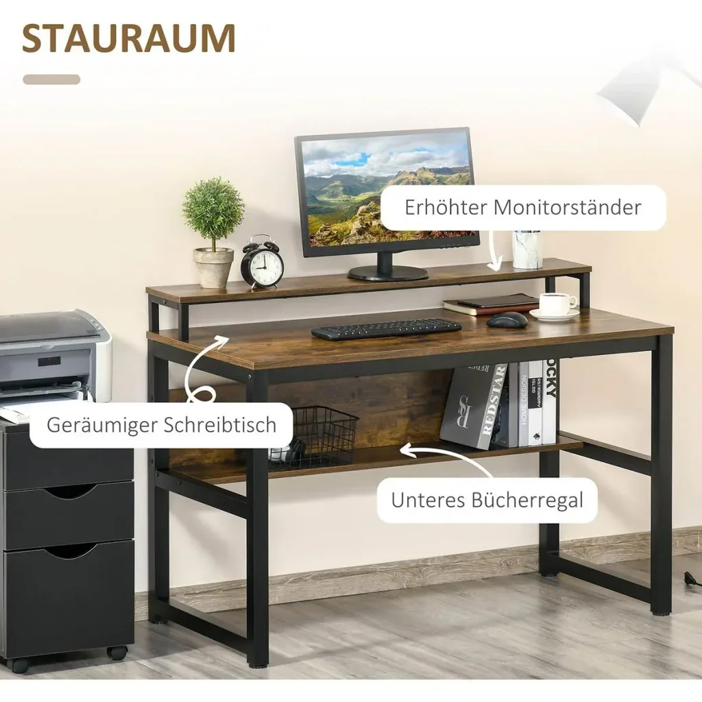 Desk computer table with storage PC table office table industrial style metal rustic brown 120 x 60 x 85 cm