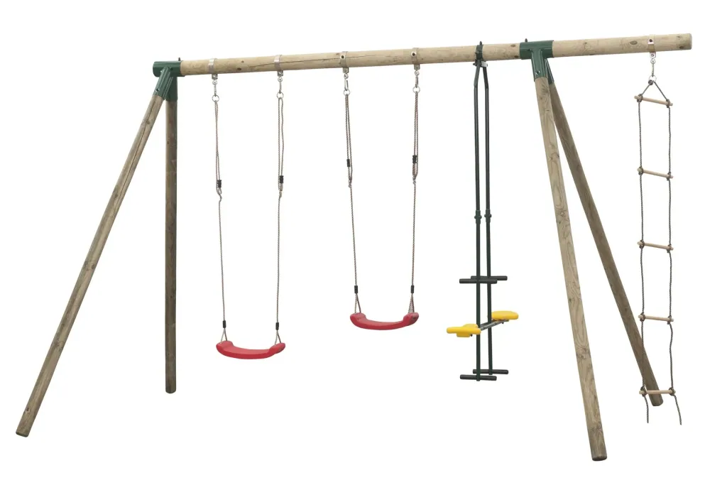 Double swing Danielle round wood with seesaw and rope ladder