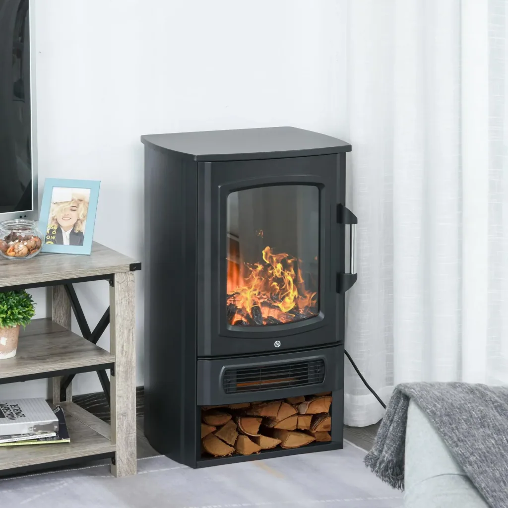 Electric fire 1000 W/2000 W with flame effect thermostat 20-25 sqm Black
