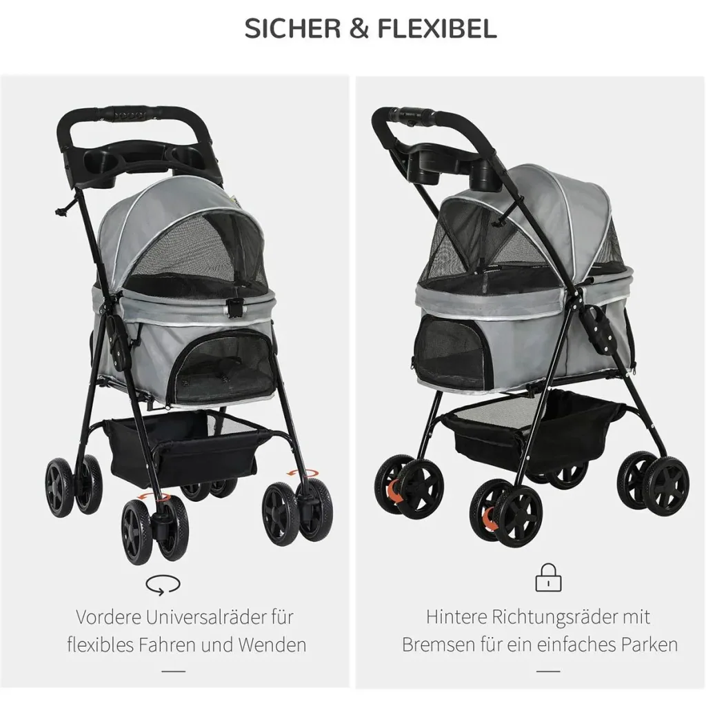 Dog buggy with folding function Dog buggy for dogs and cats Pet buggy Cat buggy Oxford Grey 67 x 45 x 96 cm