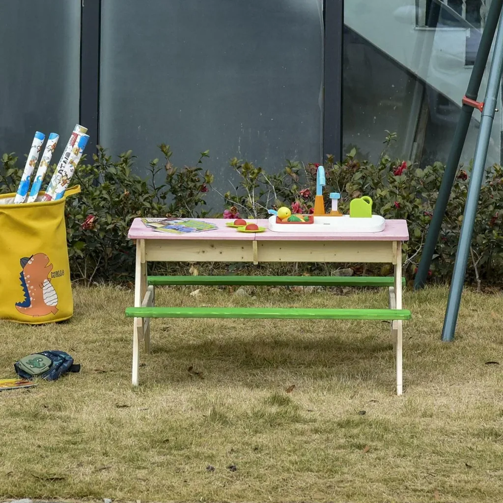 2-in-1 children's camping table with 2 benches, mud kitchen, play table with tap, wooden play table for children 3-7 years F