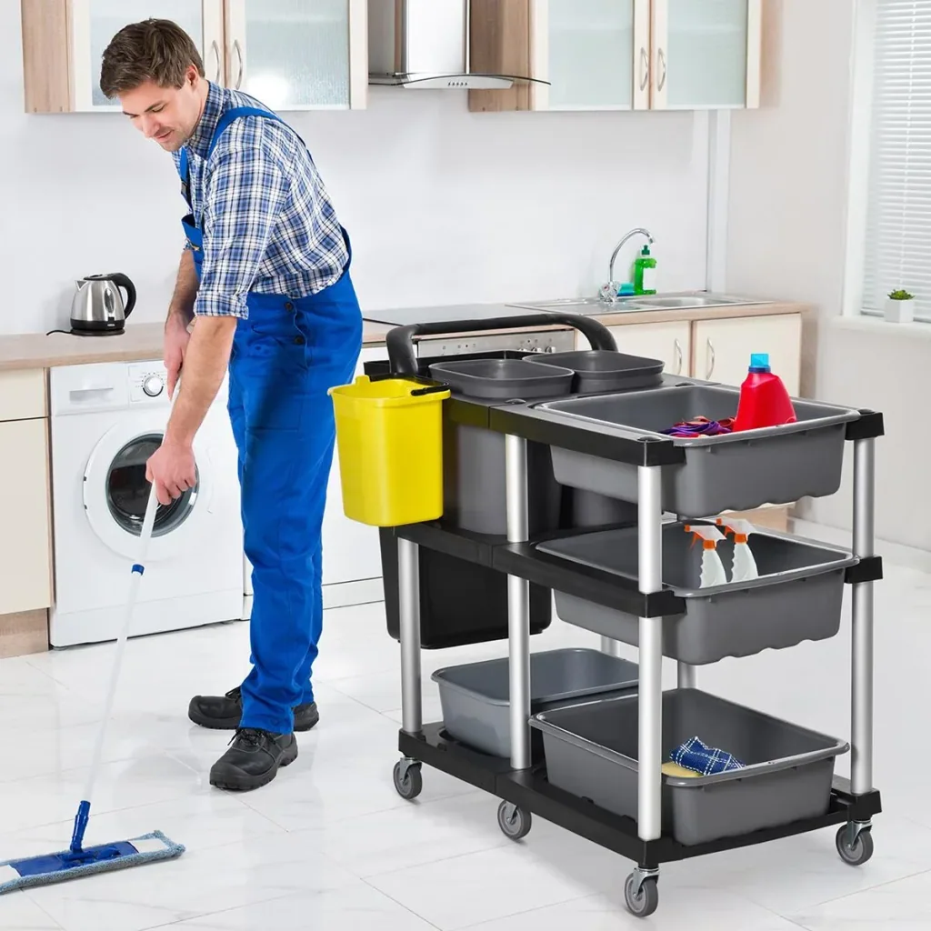 Cleaning trolley 4 mobile buckets basin 3-level mop trolley system trolley with silent non-marking castors non-slip H