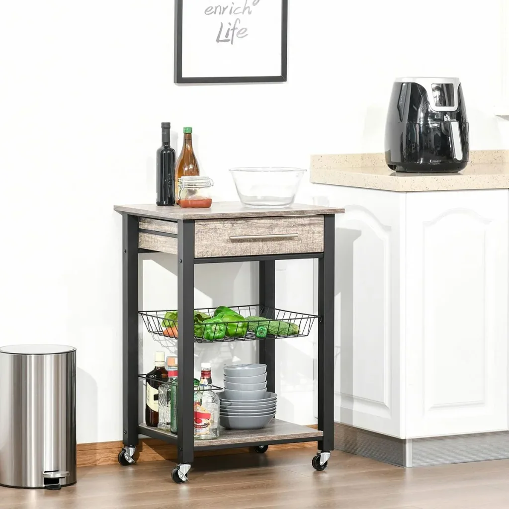 Kitchen trolley, kitchen trolley, serving trolley with shelf, drawer, wine rack, chipboard, metal, grey oak, 60 x 50 x 84.5 cm