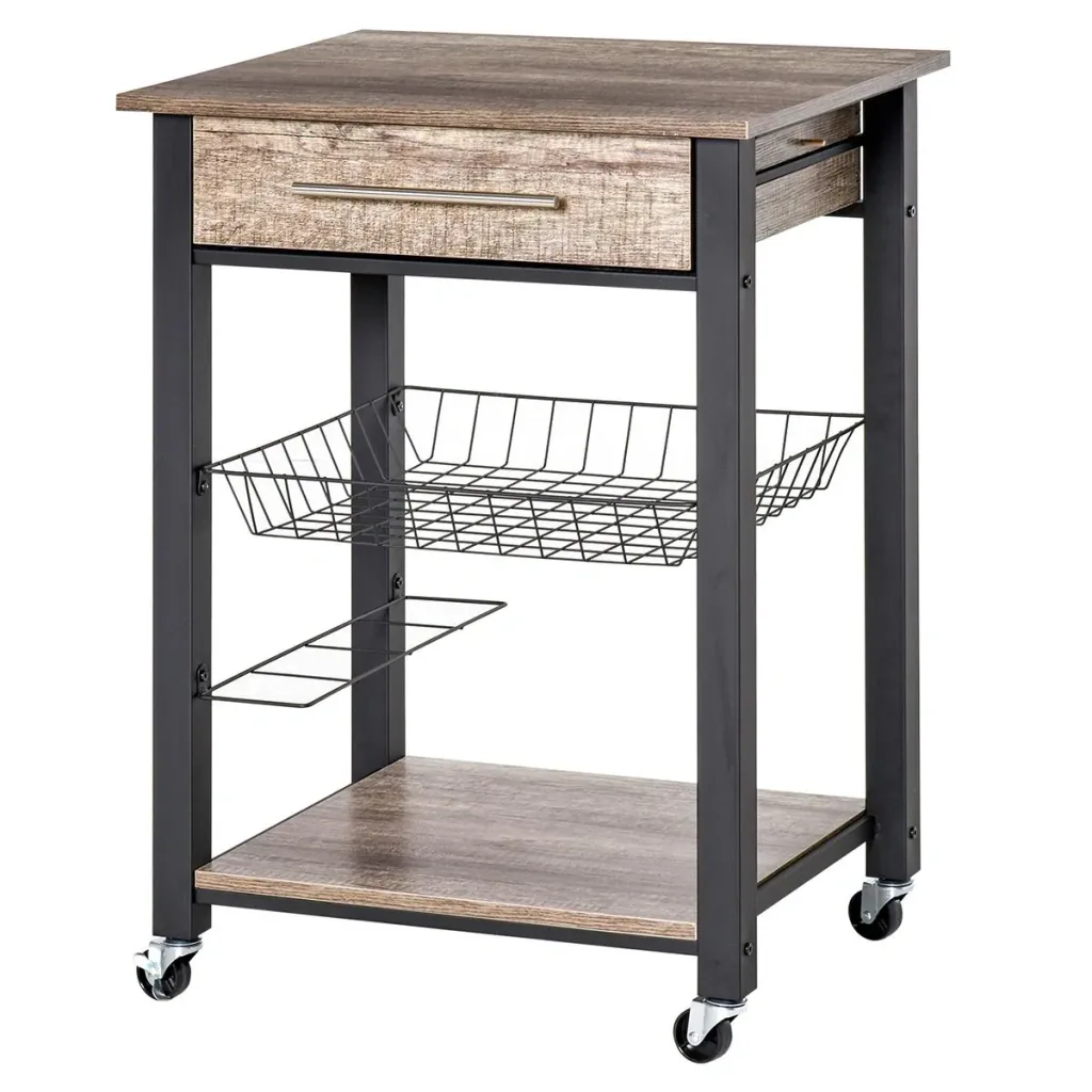 Kitchen trolley, kitchen trolley, serving trolley with shelf, drawer, wine rack, chipboard, metal, grey oak, 60 x 50 x 84.5 cm