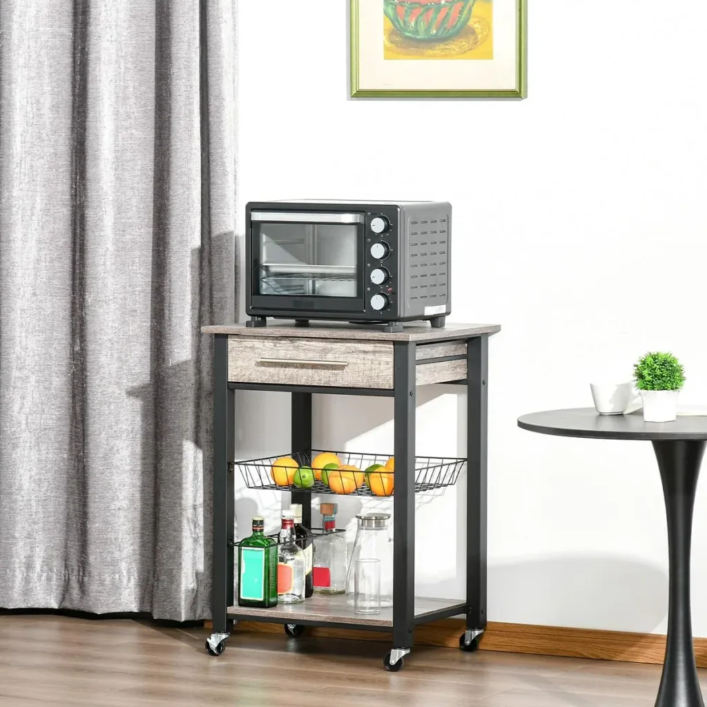 Kitchen trolley, kitchen trolley, serving trolley with shelf, drawer, wine rack, chipboard, metal, grey oak, 60 x 50 x 84.5 cm