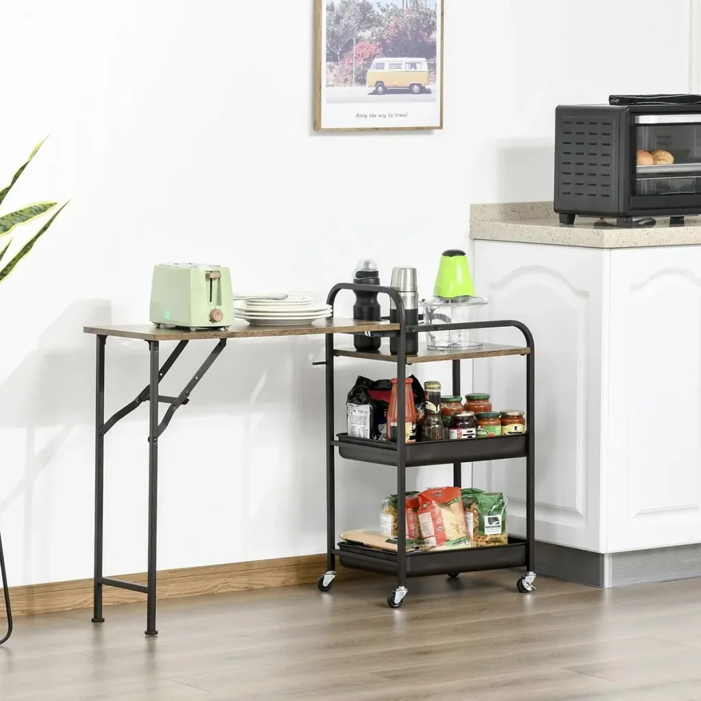 Kitchen trolley Kitchen trolley Serving trolley with a folding table top 2 trays and an open shelf Wheels Verste
