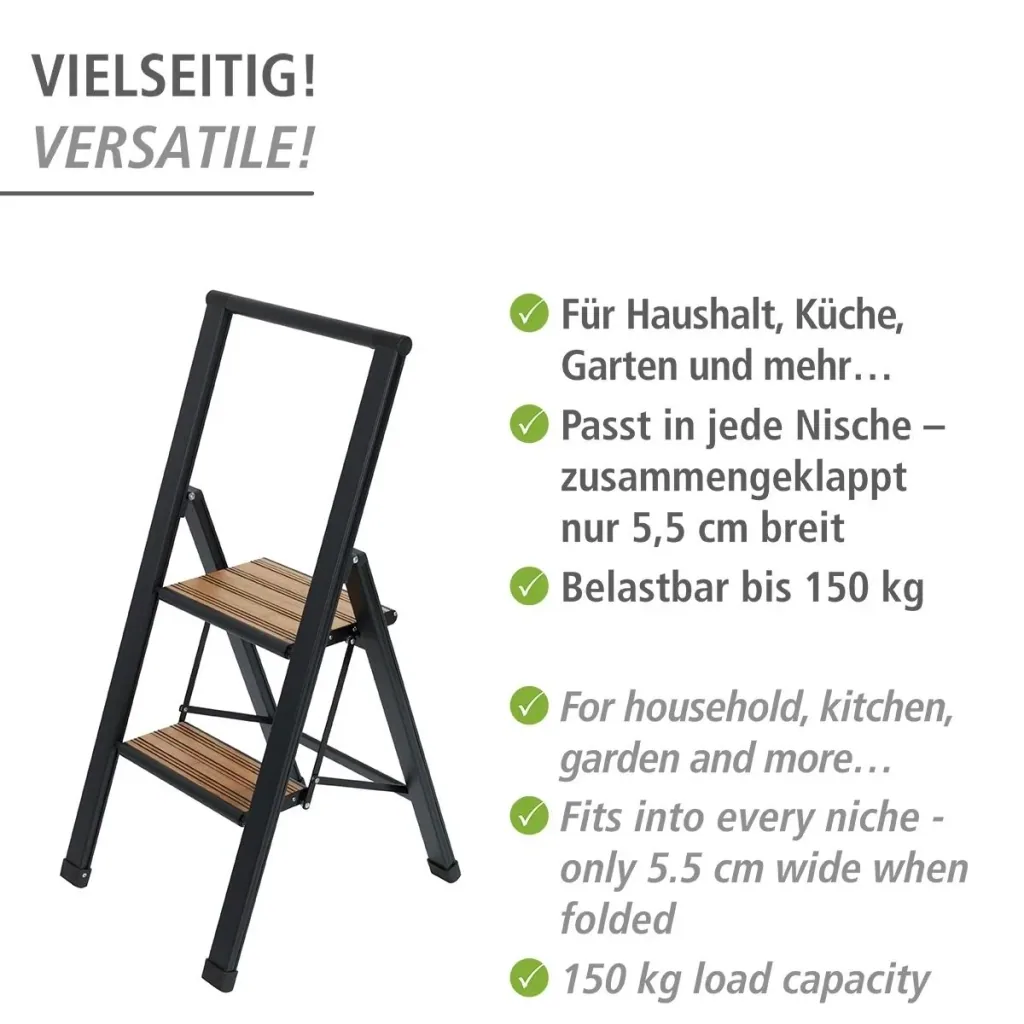 Aluminium design folding stepladder 2-step black, non-slip household ladder, safety stepladder