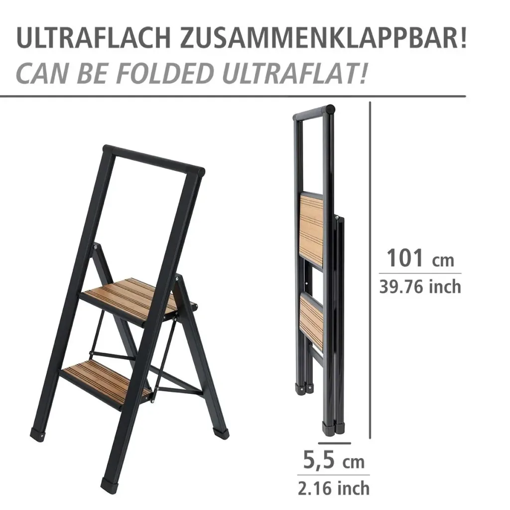 Aluminium design folding stepladder 2-step black, non-slip household ladder, safety stepladder