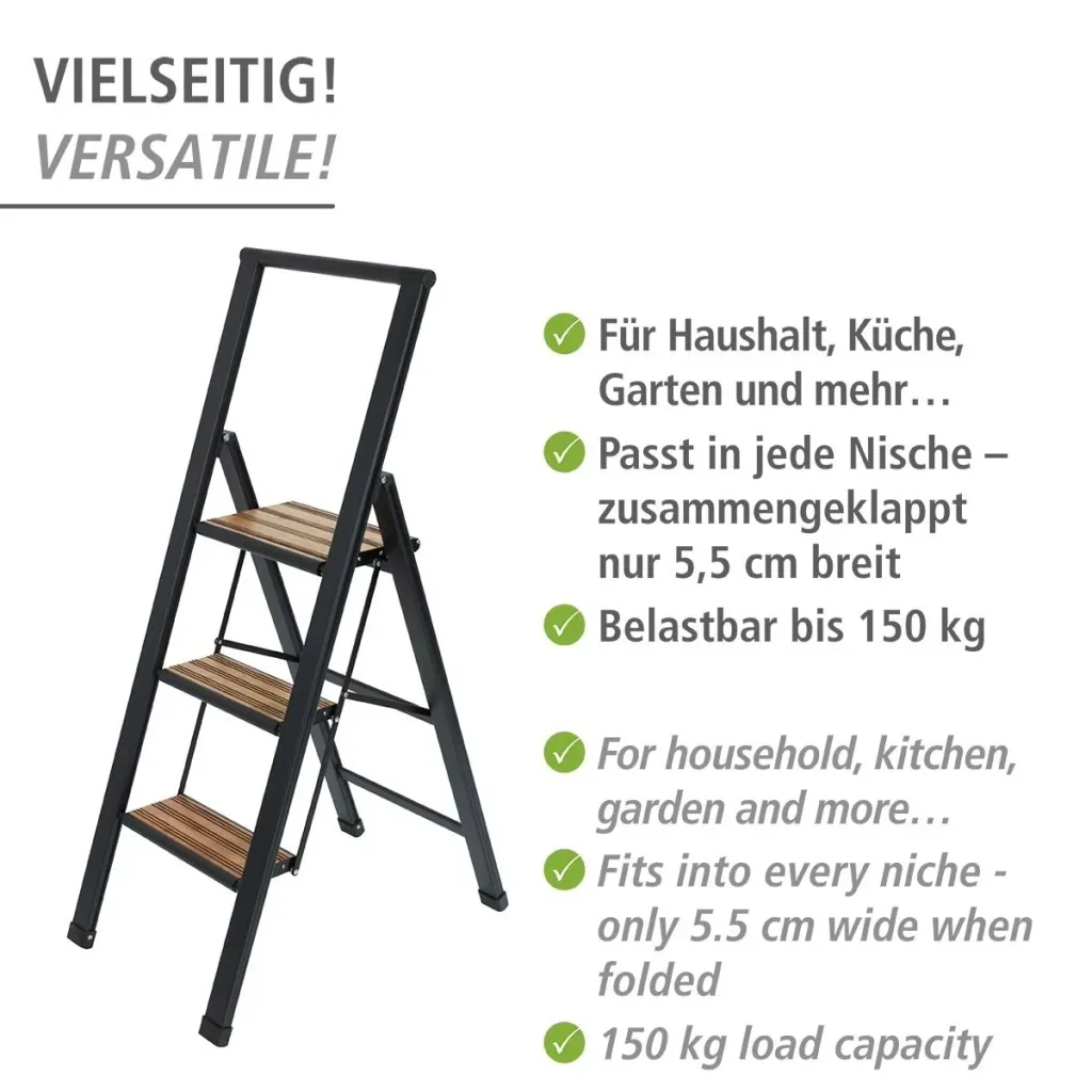 Aluminium design folding stepladder 2-step black, non-slip household ladder, safety stepladder