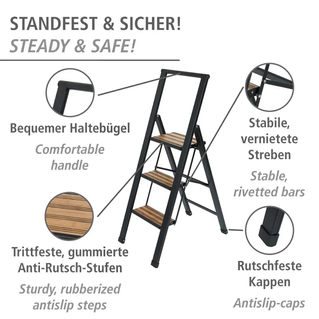 Aluminium design folding stepladder 2-step black, non-slip household ladder, safety stepladder