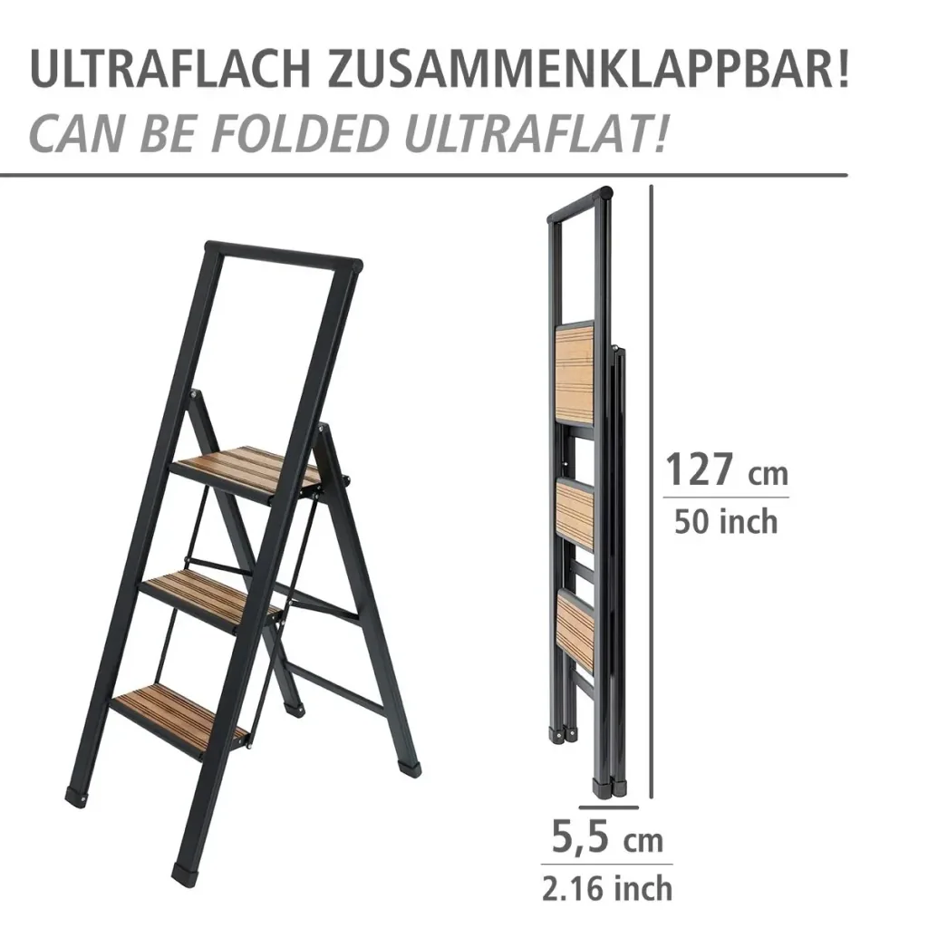 Aluminium design folding stepladder 2-step black, non-slip household ladder, safety stepladder