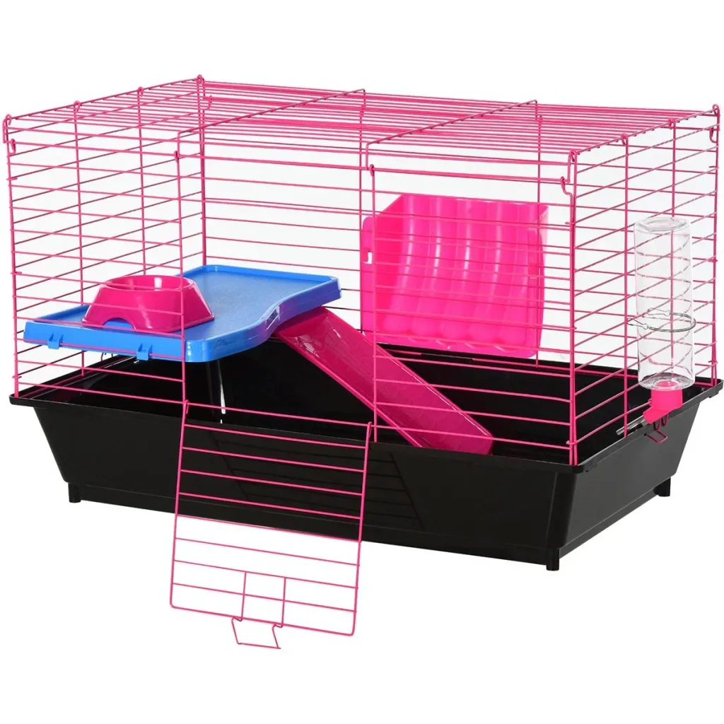 Small animal cage with accessories blue/pink
