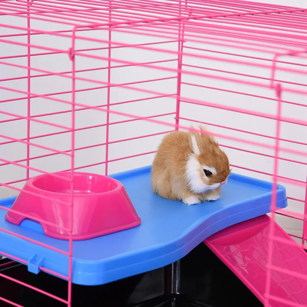 Small animal cage with accessories blue/pink