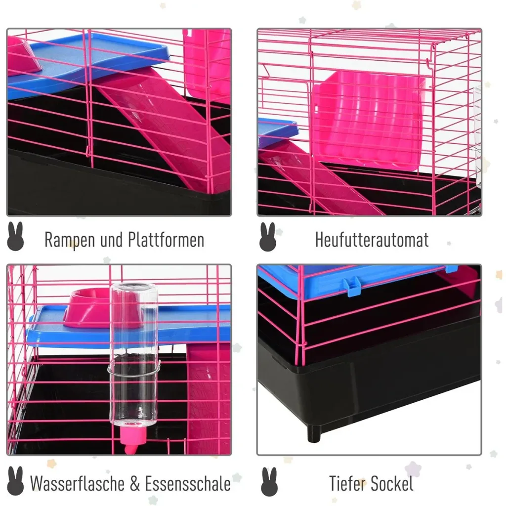 Small animal cage with accessories blue/pink