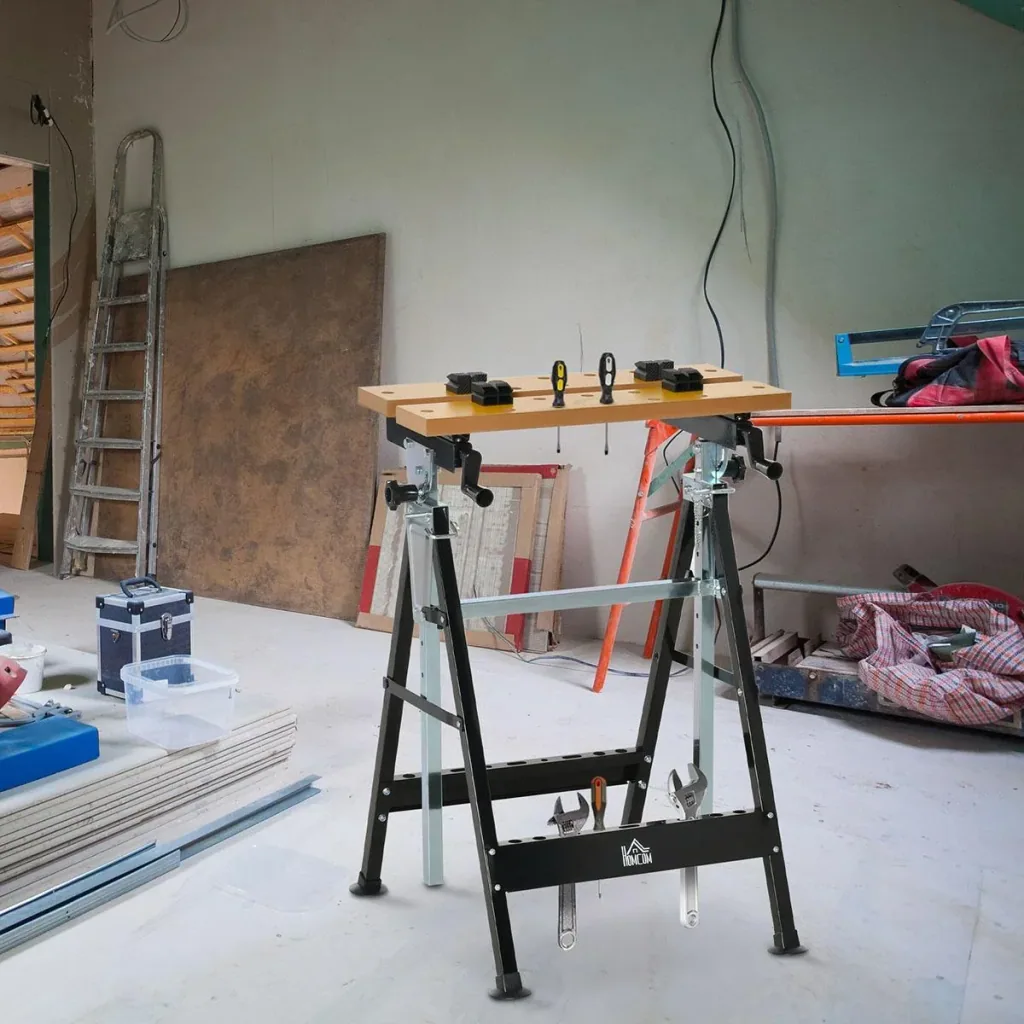 Workbench with angle adjustment table work table worktop height-adjustable table iron MDF beige + black