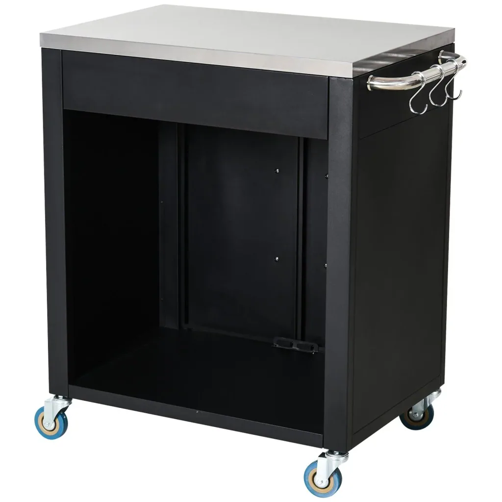 Stainless steel kitchen cart with kitchen cabinets, black