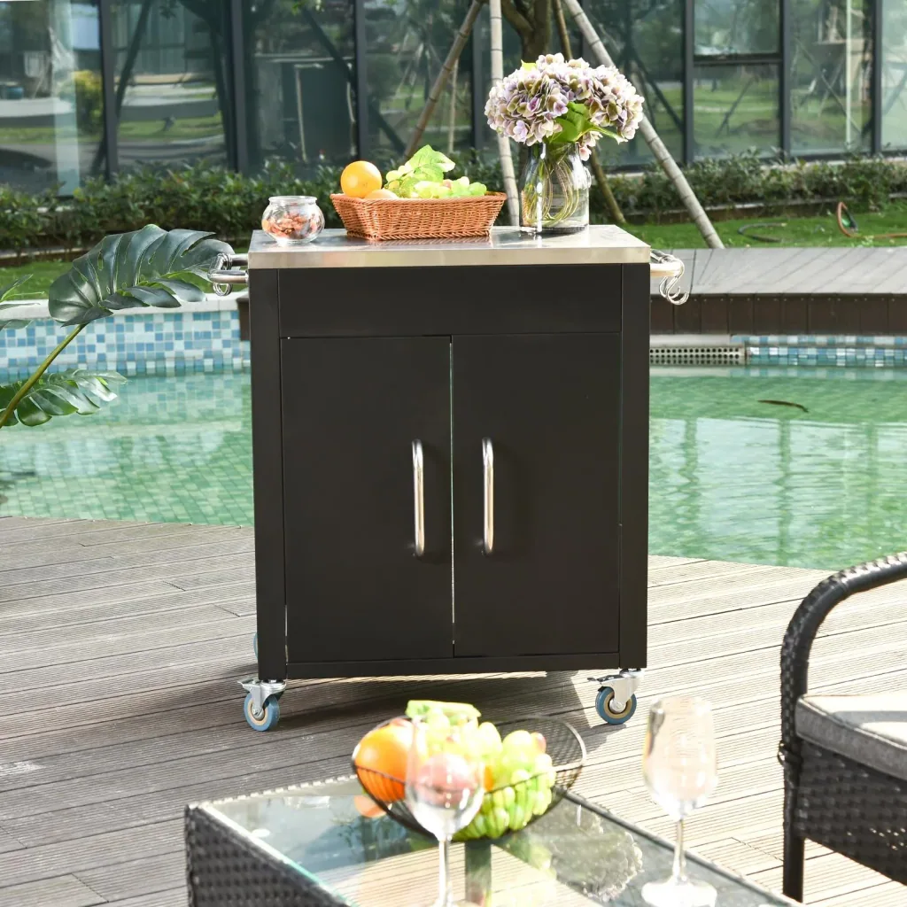 Stainless steel kitchen cart with kitchen cabinets, black