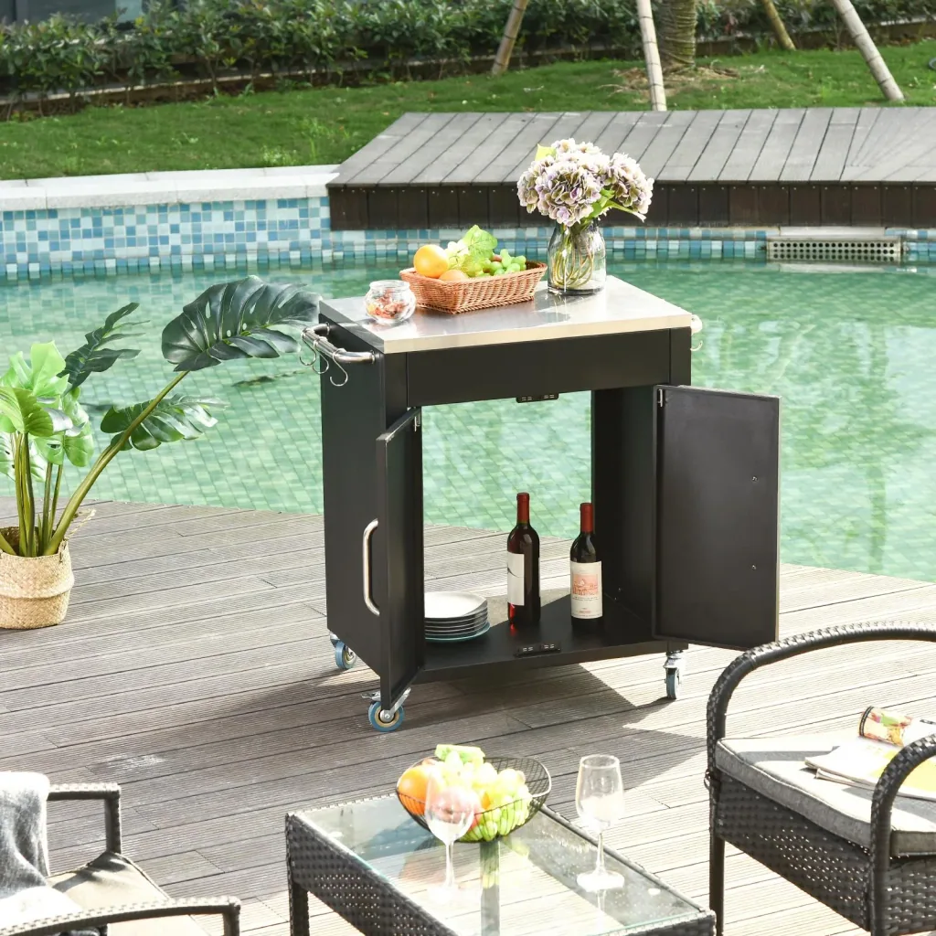 Stainless steel kitchen cart with kitchen cabinets, black