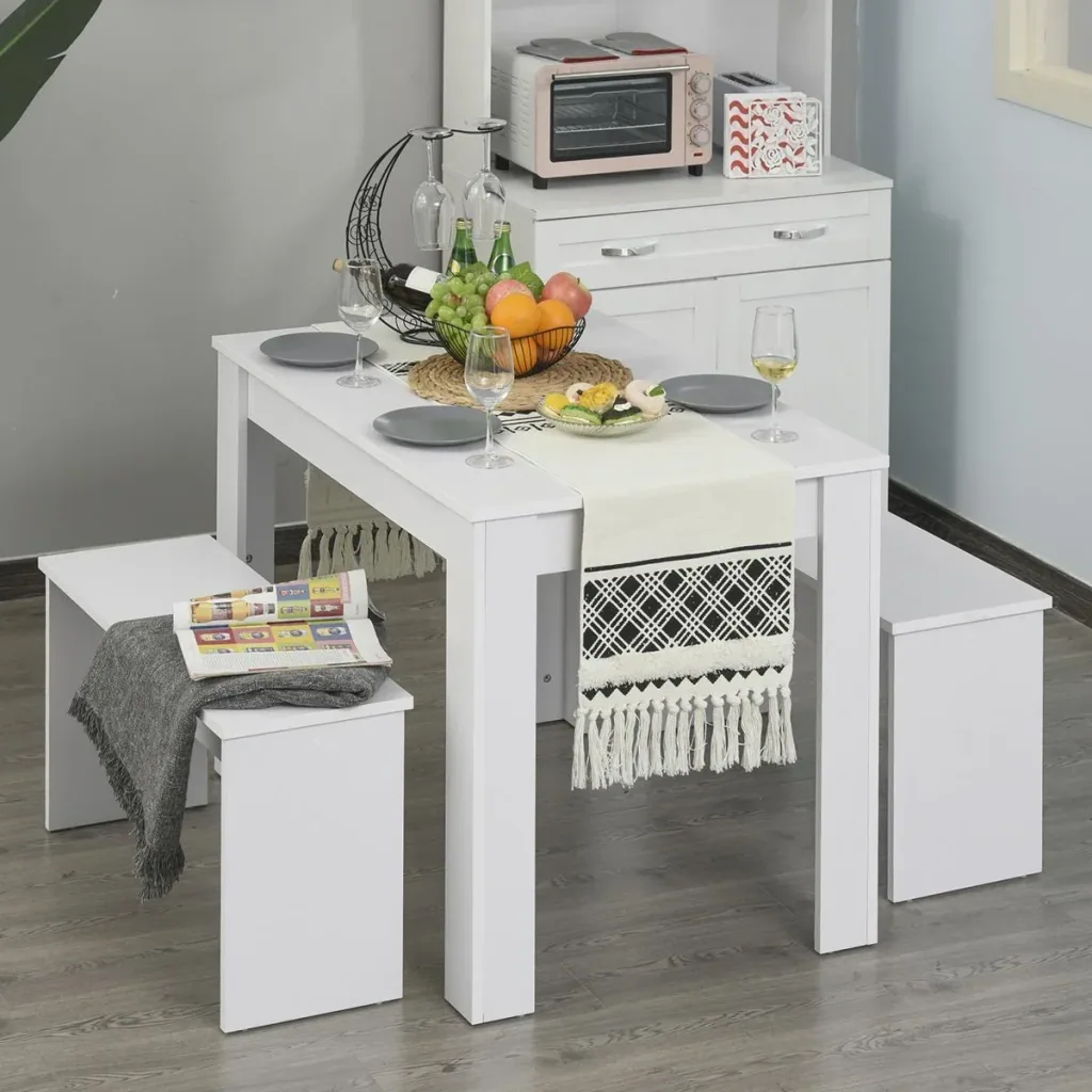 Dining set with 2 benches, industrial style, dining room set, seating group, table group, white, 110x70x75 cm (table), 86x30x44.8 c