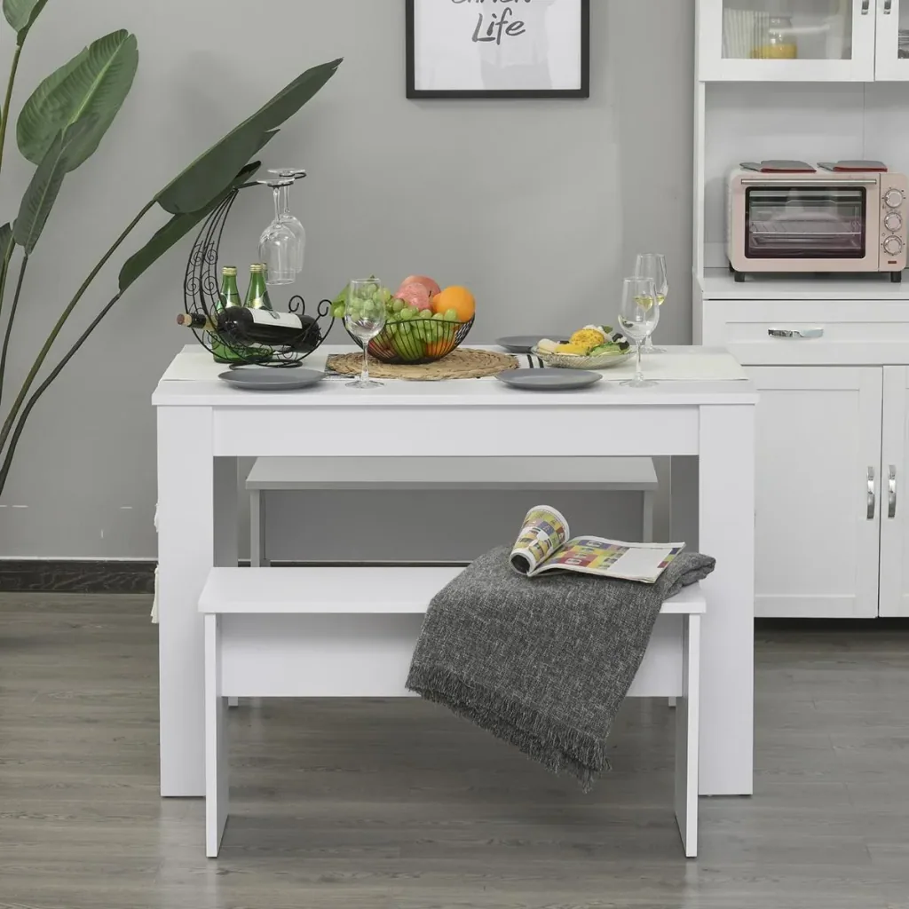 Dining set with 2 benches, industrial style, dining room set, seating group, table group, white, 110x70x75 cm (table), 86x30x44.8 c