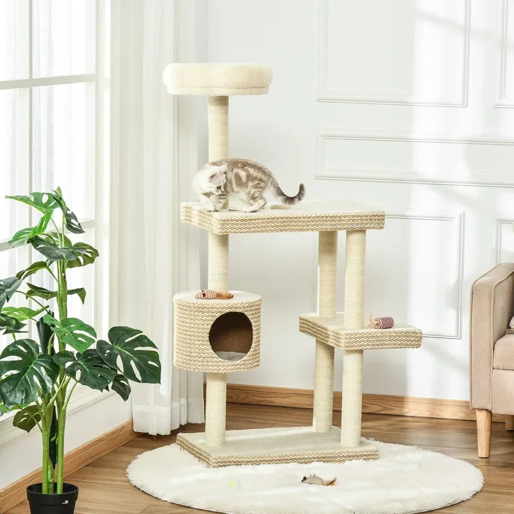Cat scratching post cat toy climbing tree sisal upholstery lying area sisal velvety polyester beige+coffee