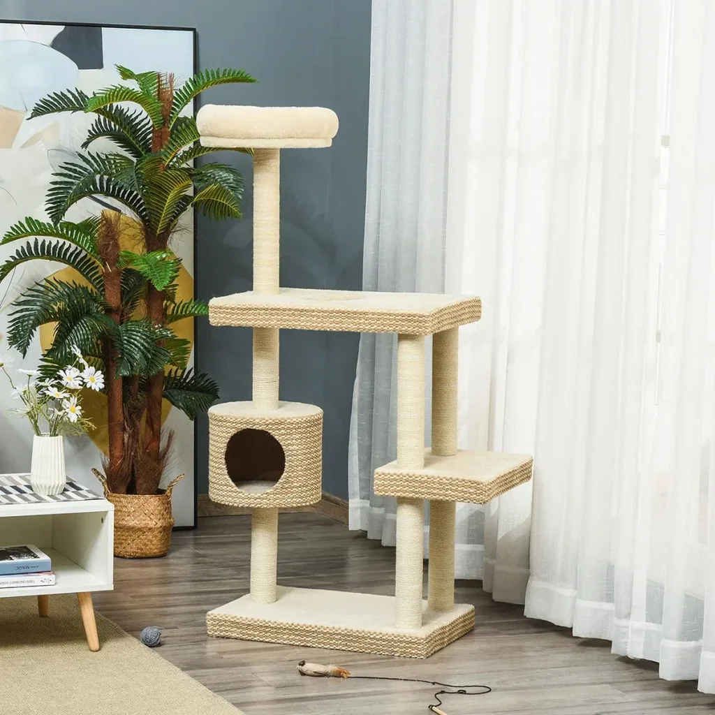 Cat scratching post cat toy climbing tree sisal upholstery lying area sisal velvety polyester beige+coffee