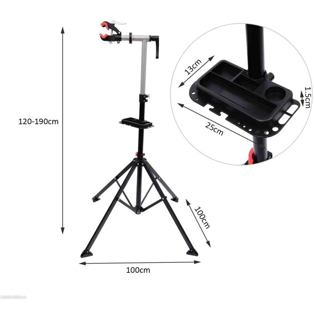 Bicycle repair stand four-legged with tool tray black