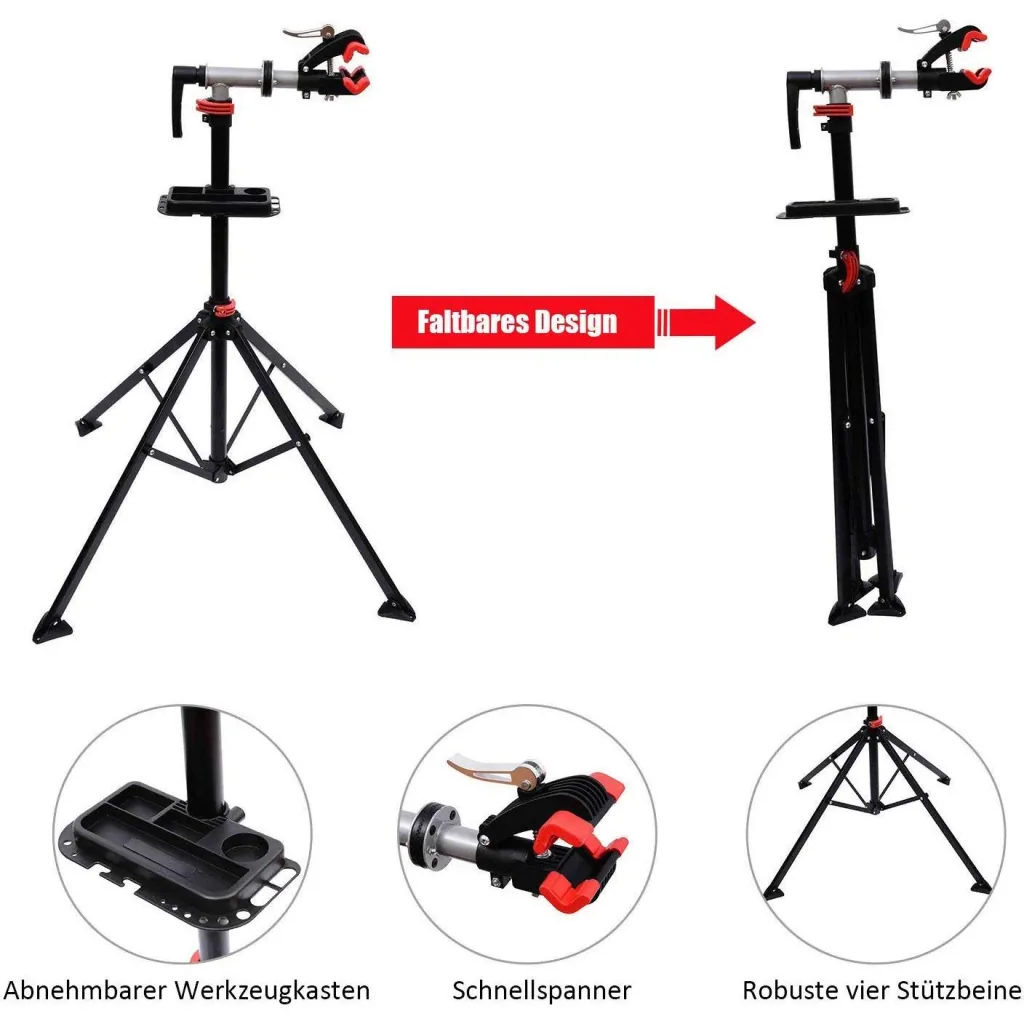 Bicycle repair stand four-legged with tool tray black